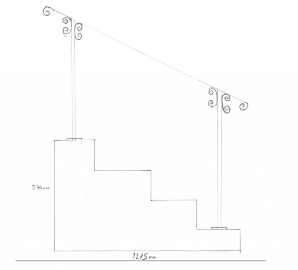 a hand drawn plan for an iron hand rail with scrolled details